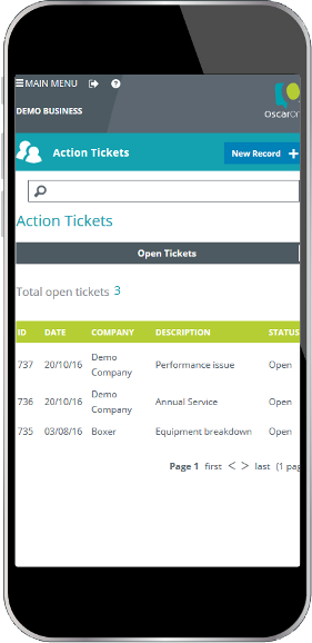 Mobile display showing action ticket list snippet