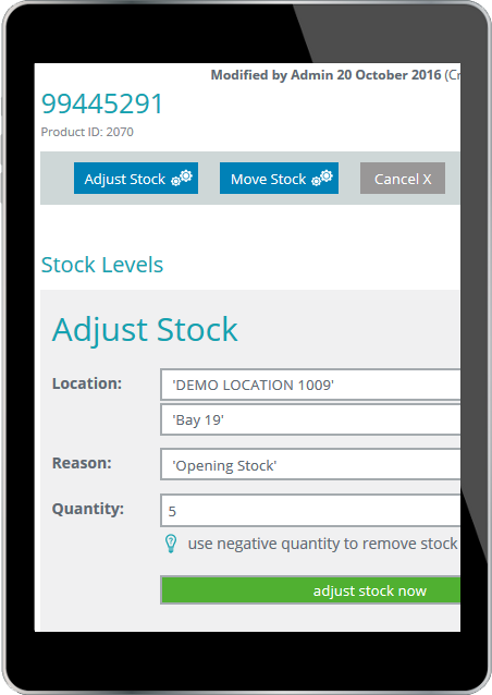 OscarOnline stock adjustment snippet on tablet display